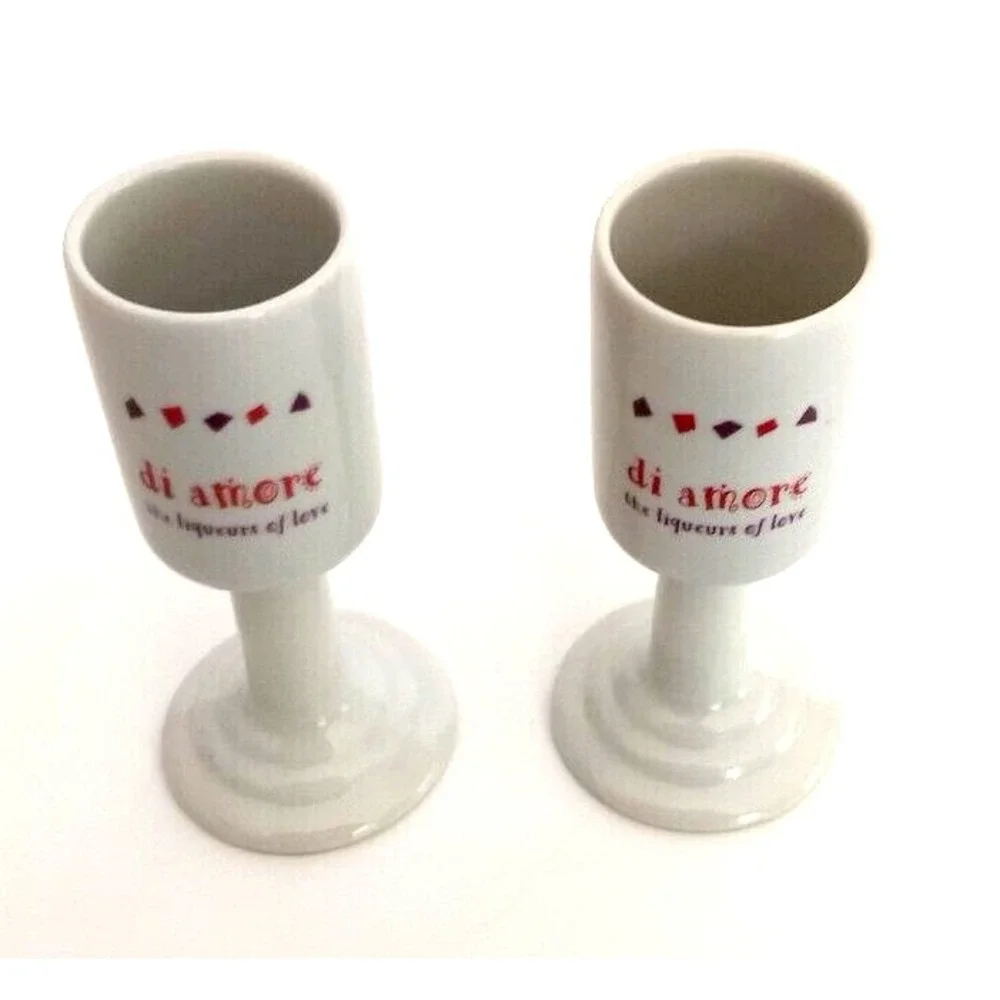 PAIR Di Amore Ceramic Pedestal Shot Glasses White‎ Cordial The Liqueurs Of Love